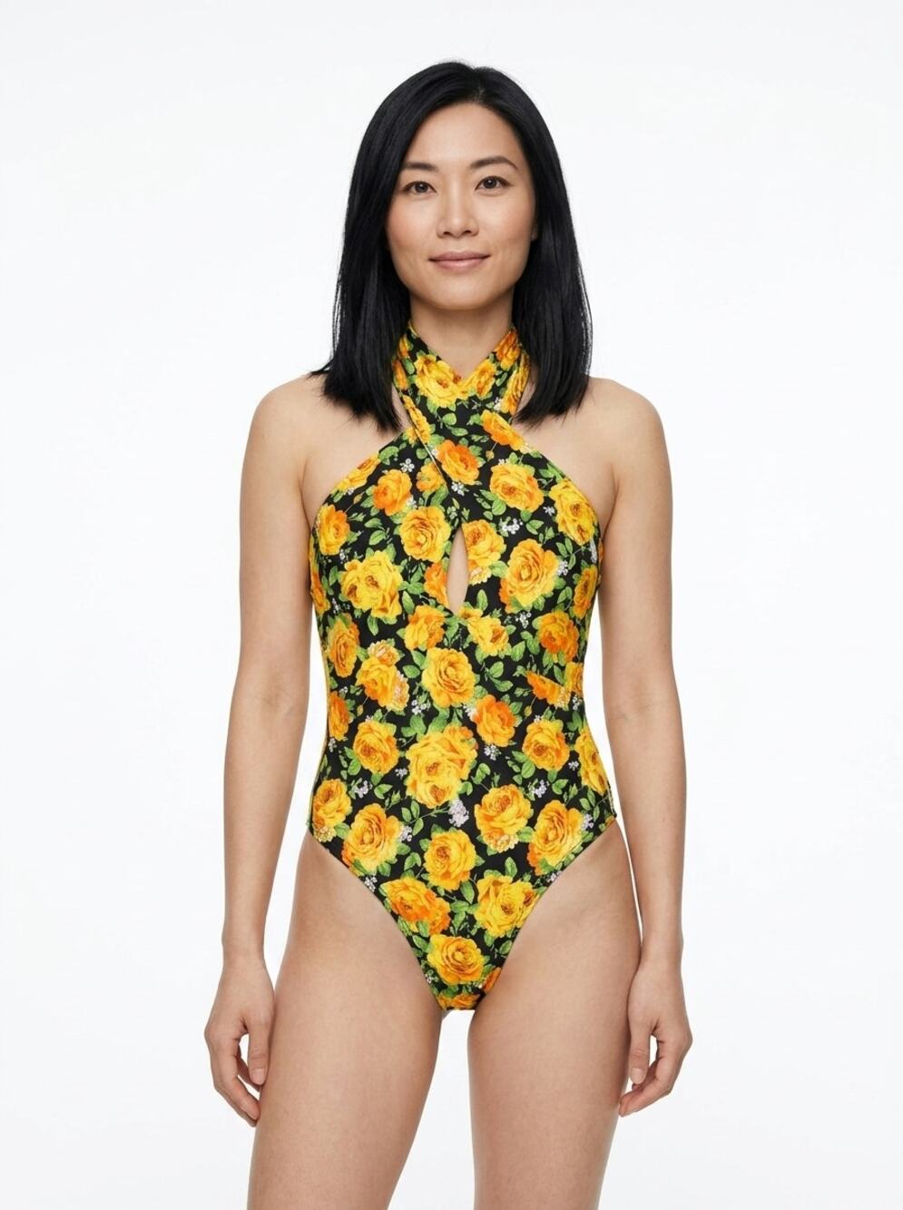 Zara Yellow Floral Halter Neck Criss Cross Keyhole Bodysuit Women Size S